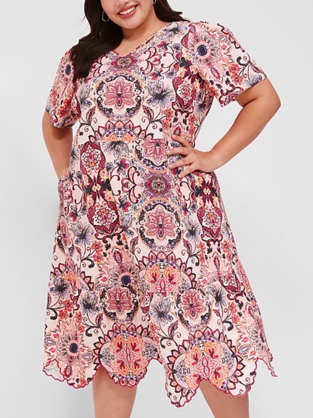 EUC Lane Bryant Linen Blend Pink Floral Scalloped Hem Short Sleeve Dress Size 18